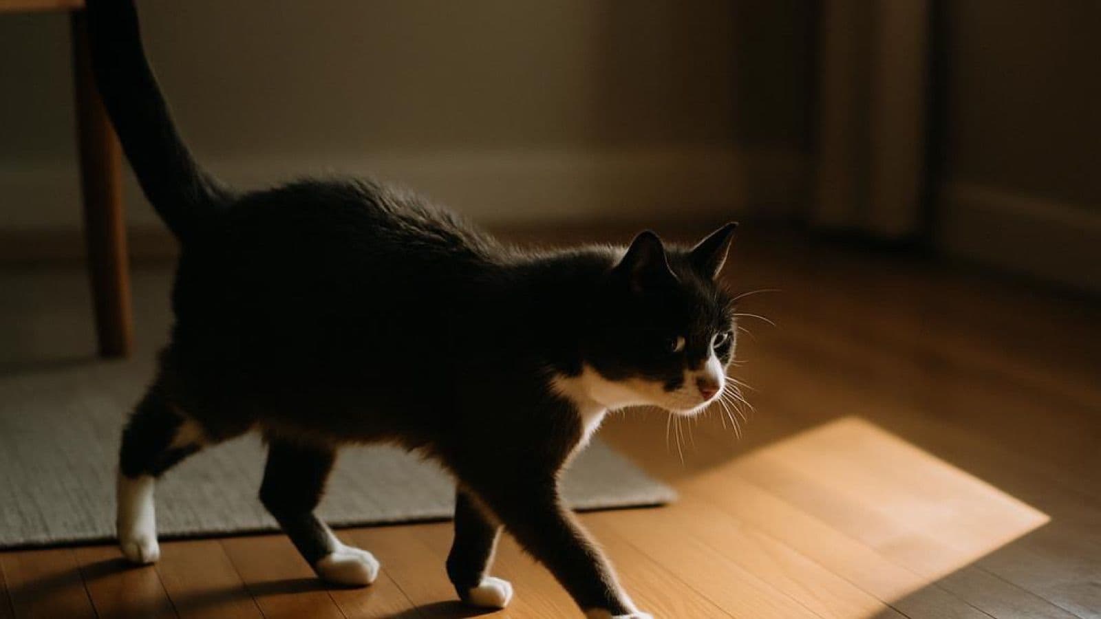 A black-and-white cat crossing a wooden floor into a band of afternoon sun, tail raised