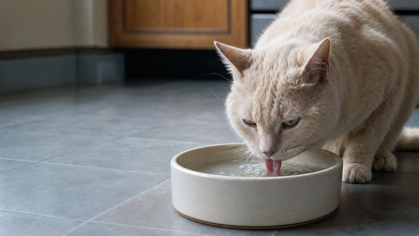 A cream-coloured cat drinking from a plain ceramic bowl on a grey tiled kitchen floor