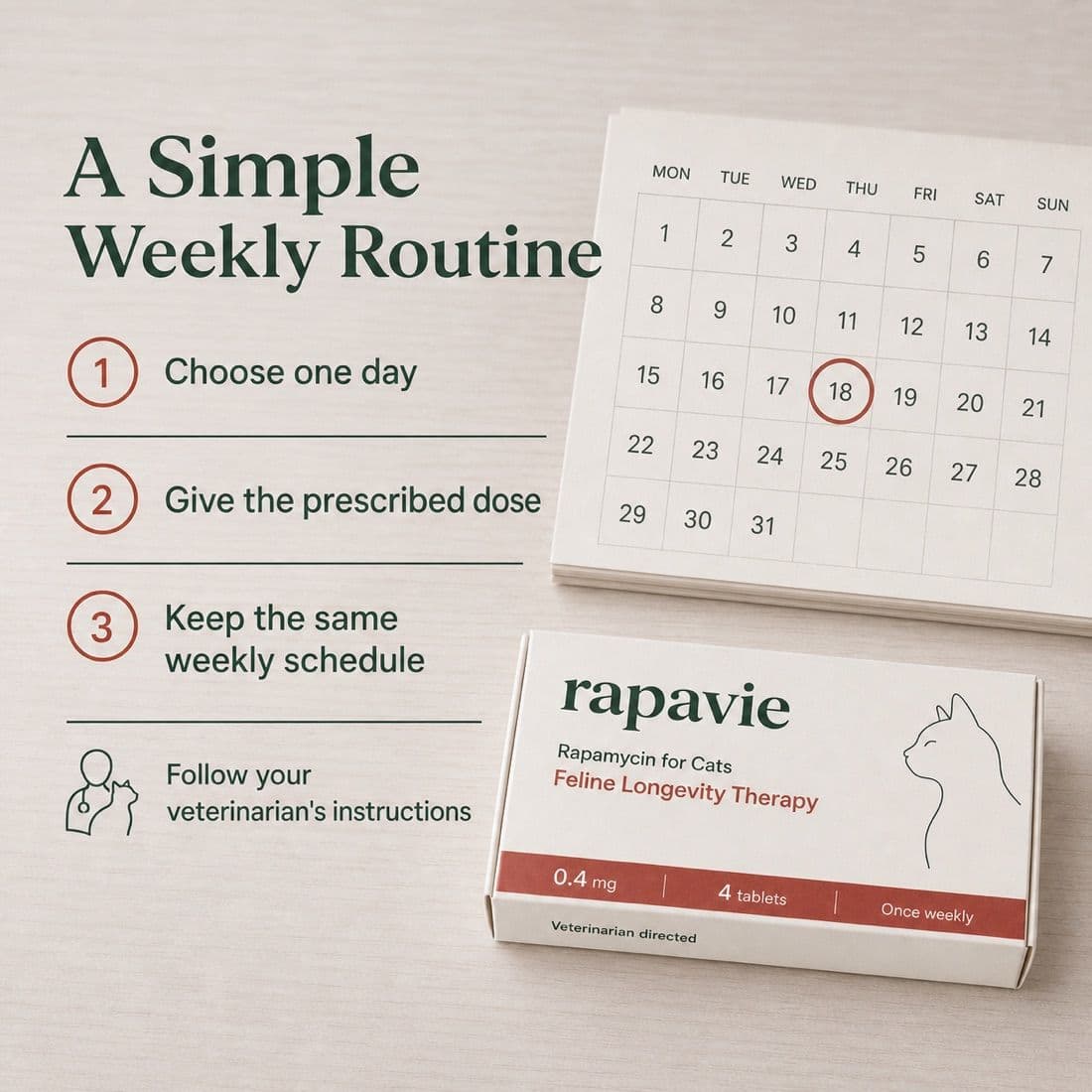 A calendar with one day circled next to the cat carton, illustrating the once-weekly routine