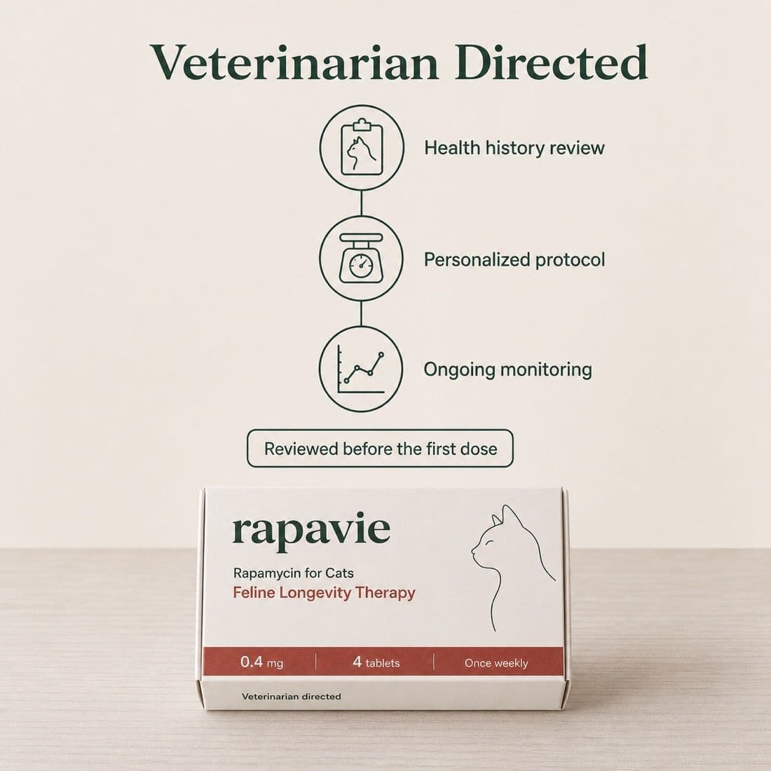 A diagram of the veterinary review: health history, personalised protocol, ongoing monitoring