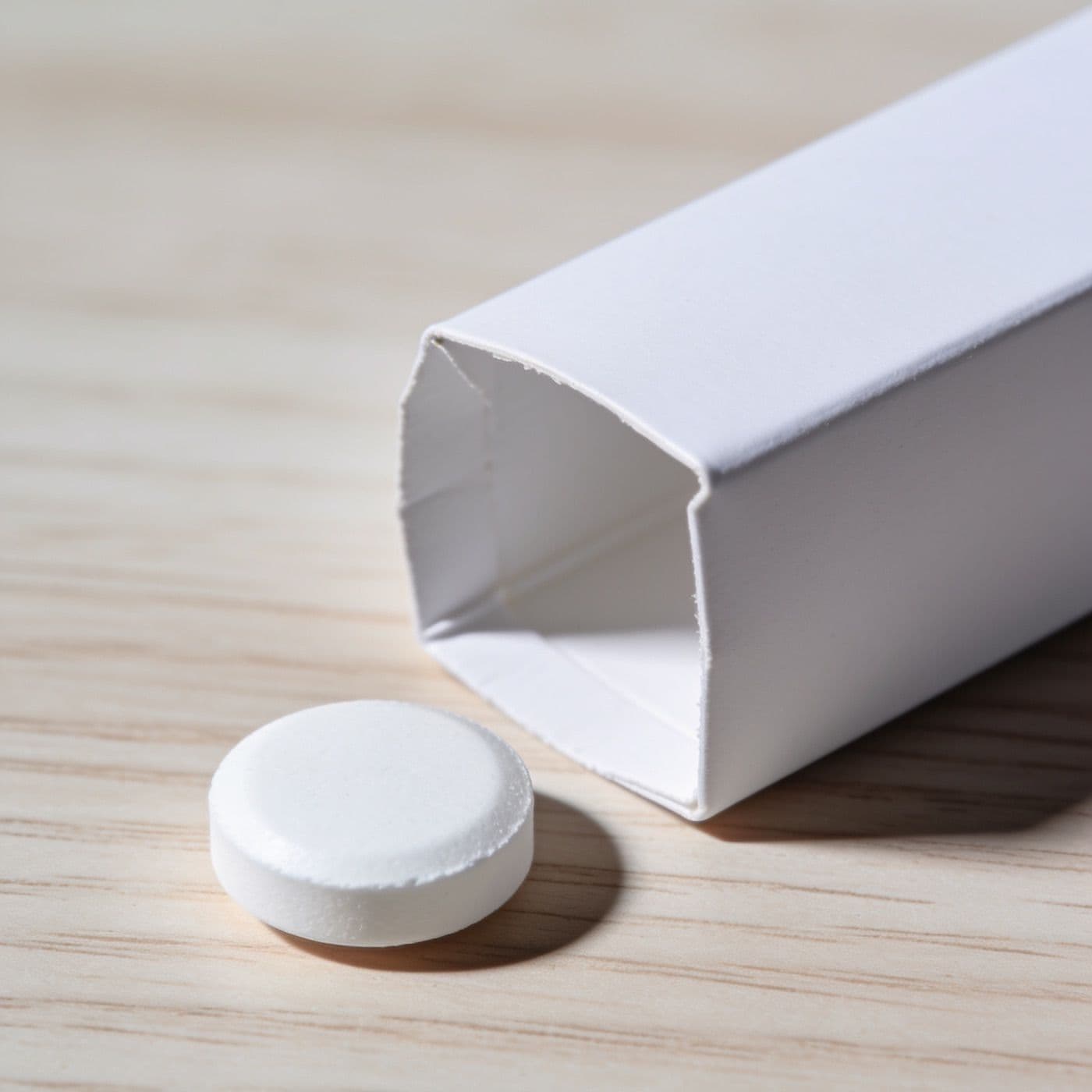 A single white rapamycin tablet on a pale wooden surface beside its open unmarked carton