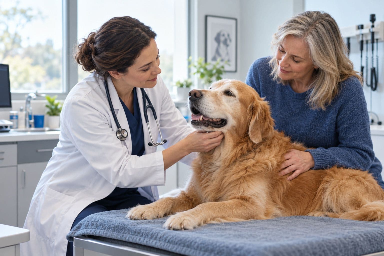 Veterinarian examining an older golden retriever during a consultation