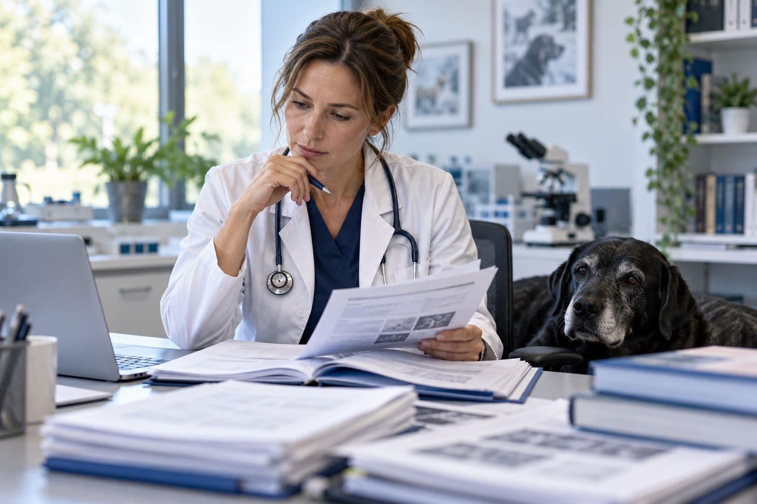 Veterinarian reviewing research with a senior black Labrador nearby