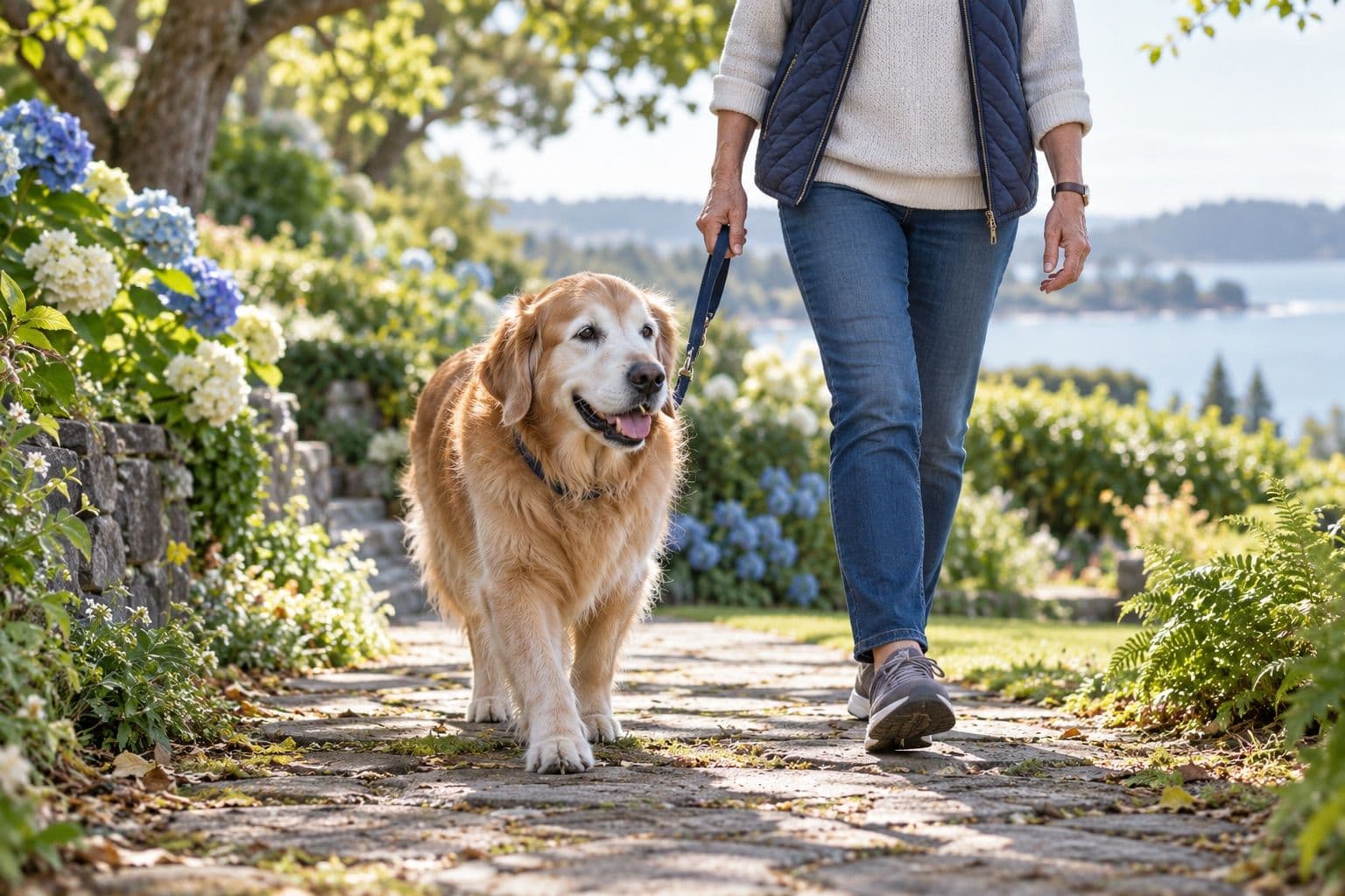Senior golden retriever walking gently with its owner on a garden path