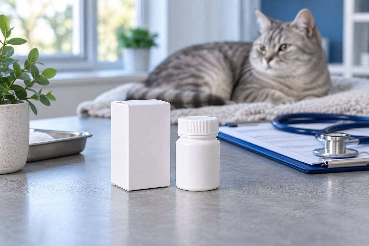 Two unbranded medication packages beside a veterinary clipboard