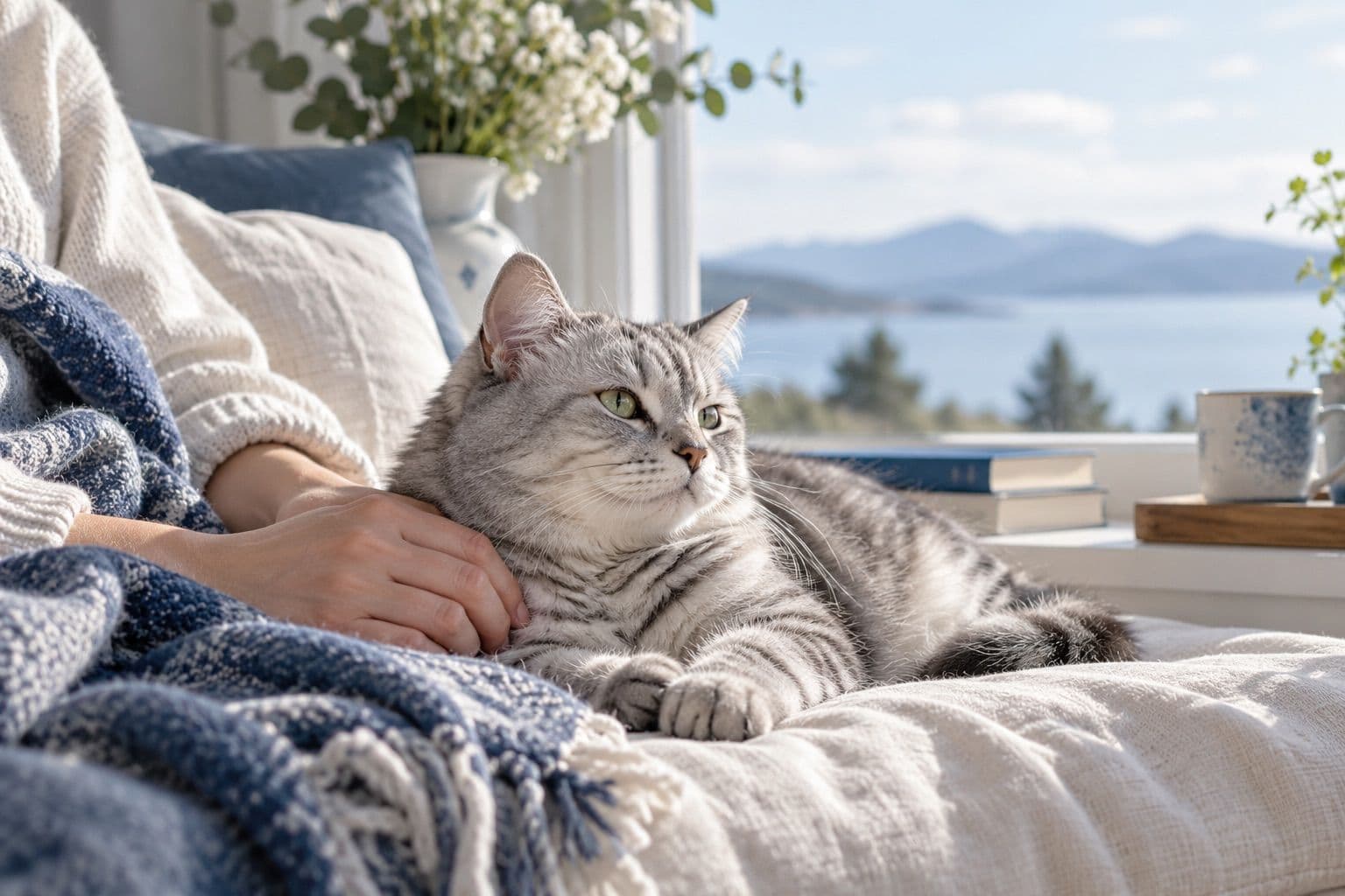 Older tabby cat resting beside its owner's hand near a window