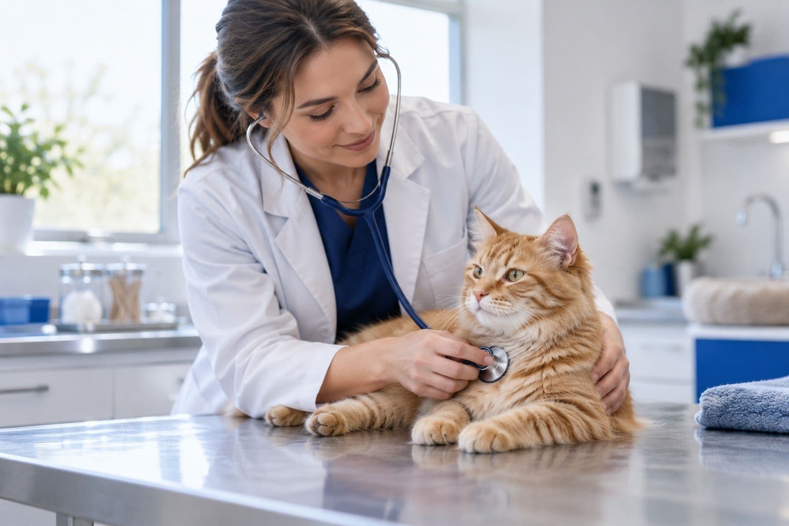 Veterinarian listening to a ginger cat's chest with a stethoscope