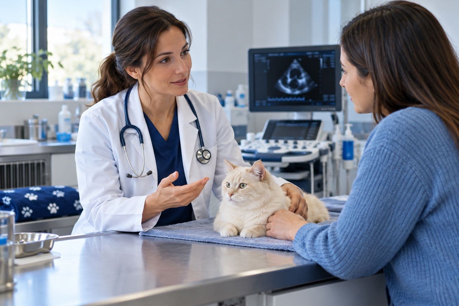 Veterinarian and owner discussing cardiac care for a cream cat