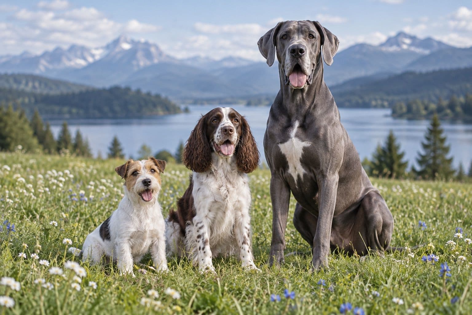 Small terrier, medium spaniel and large Great Dane sitting together outdoors