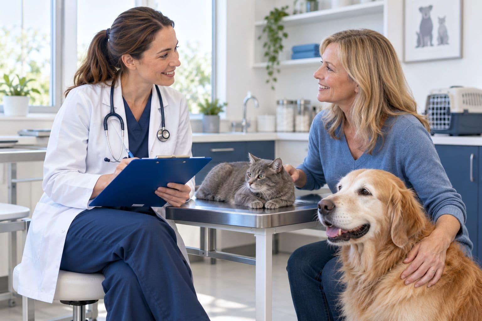 Veterinarian discussing monitoring with an owner, cat and older dog