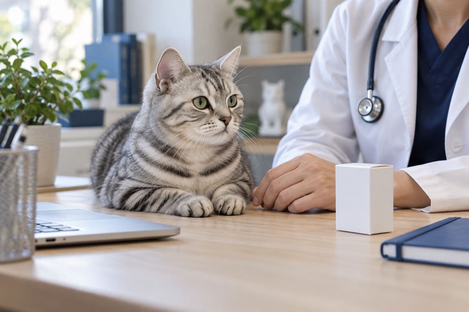 Tabby cat beside an unbranded medicine carton in a veterinary consultation