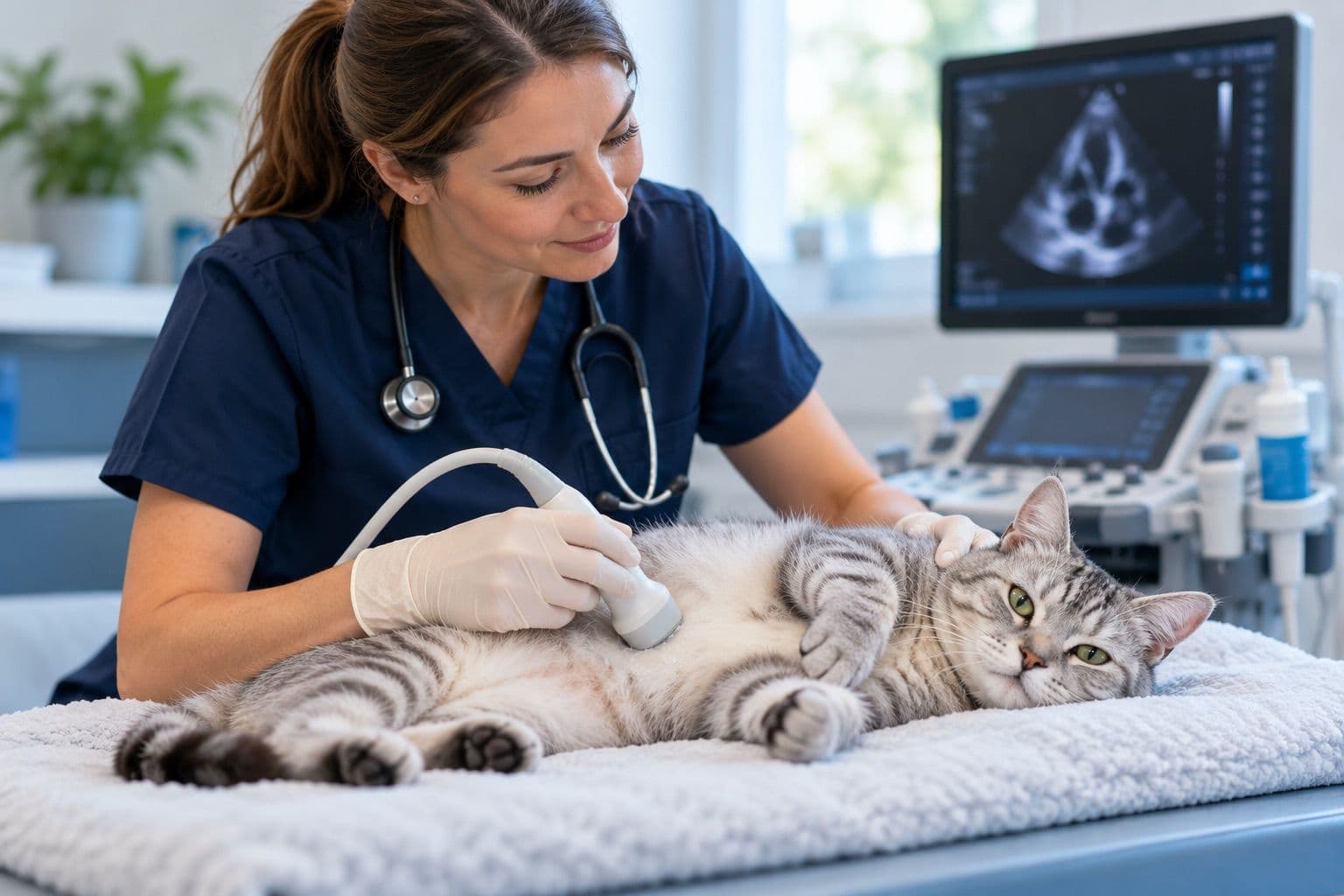 Veterinary cardiologist examining a tabby cat with echocardiography