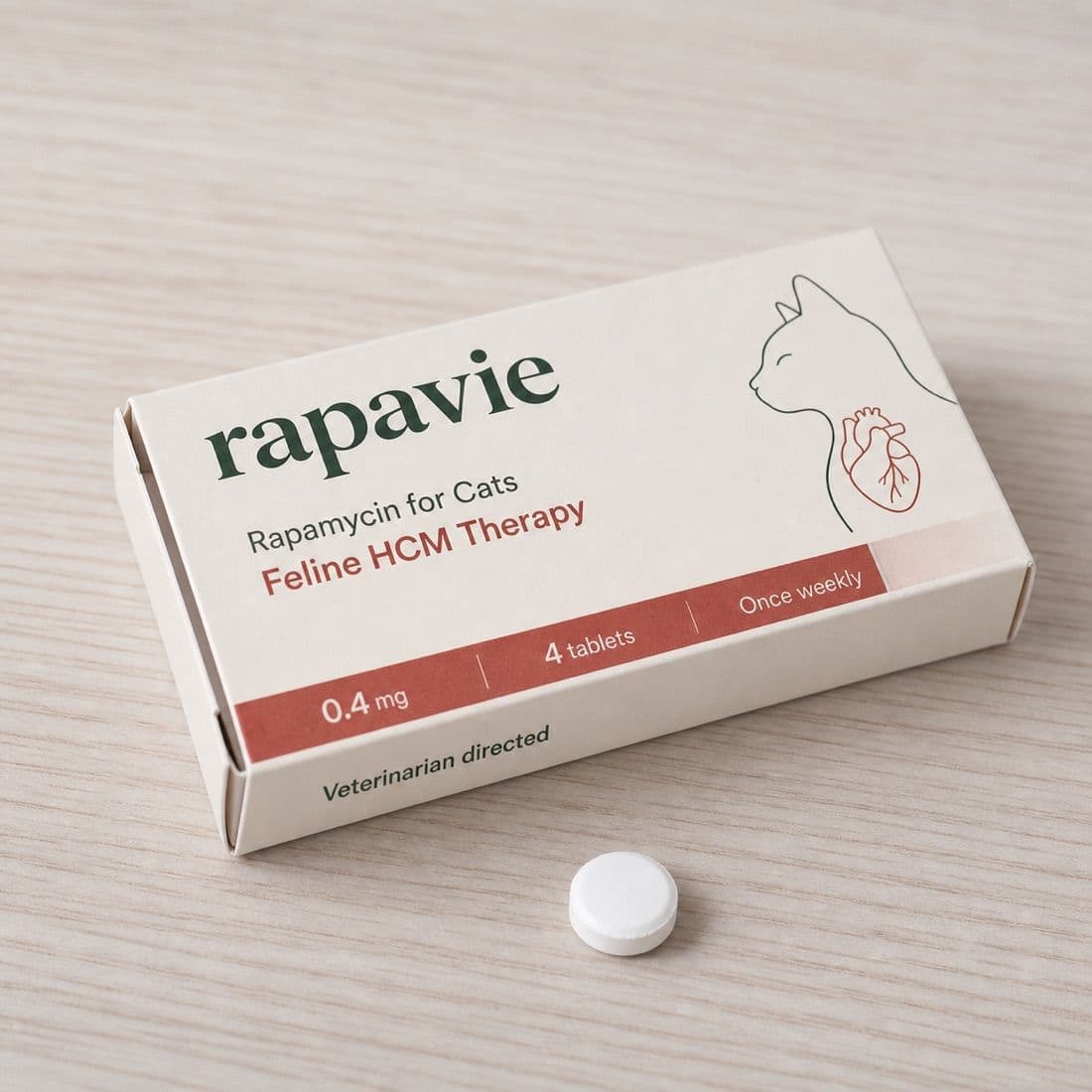 The Rapavie feline HCM carton with a heart illustration, showing 0.4 mg, four tablets, once weekly, and a single tablet beside it