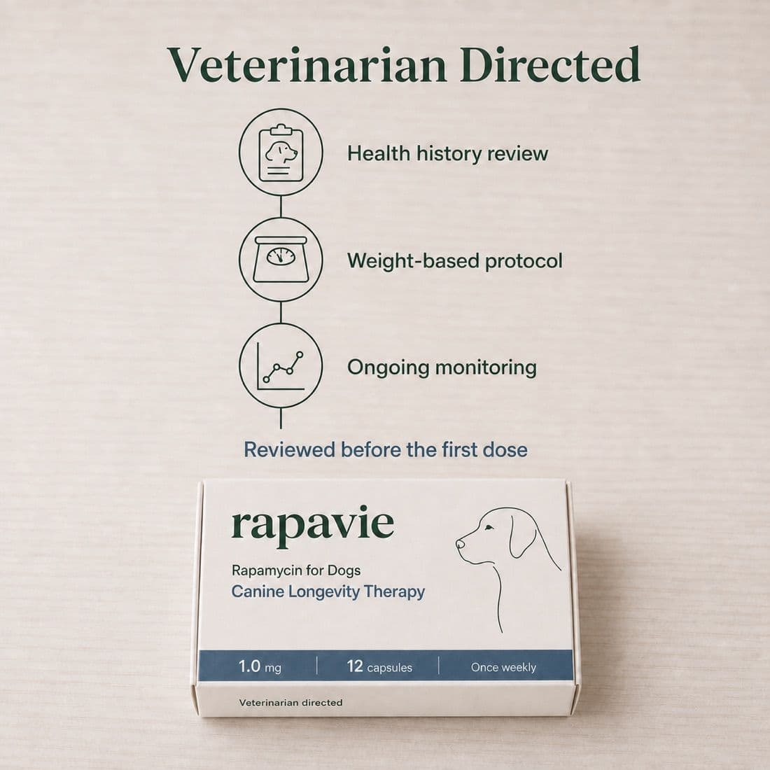 A diagram of the veterinary review: health history, weight-based protocol, ongoing monitoring