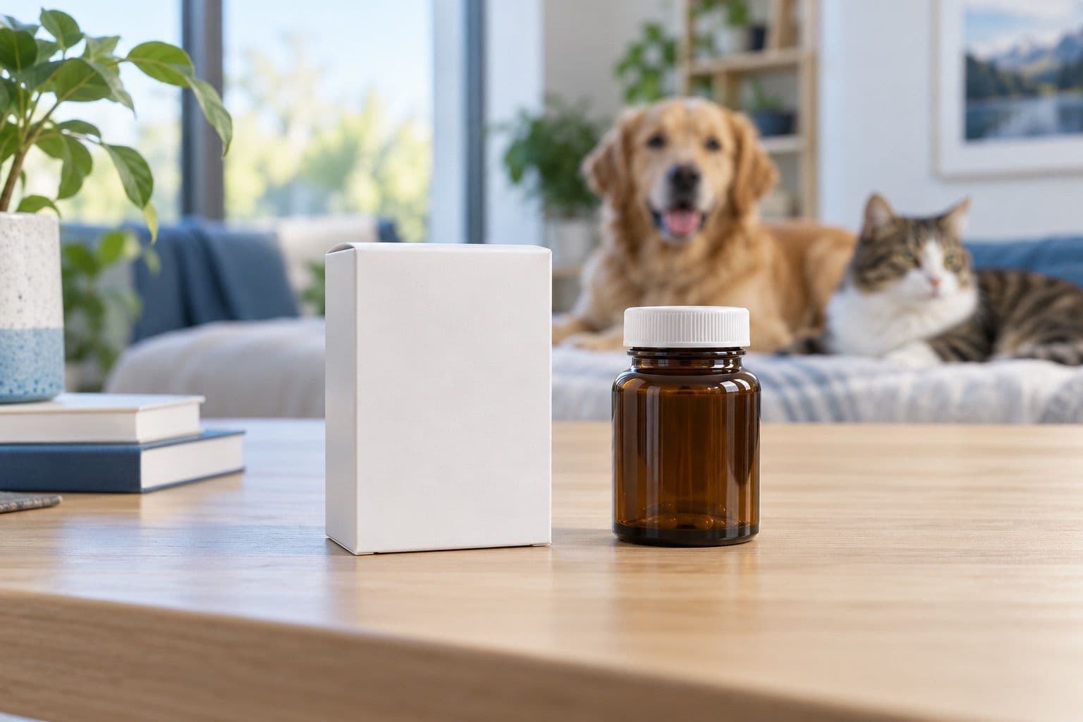 Unbranded medicine carton and supplement bottle on a desk