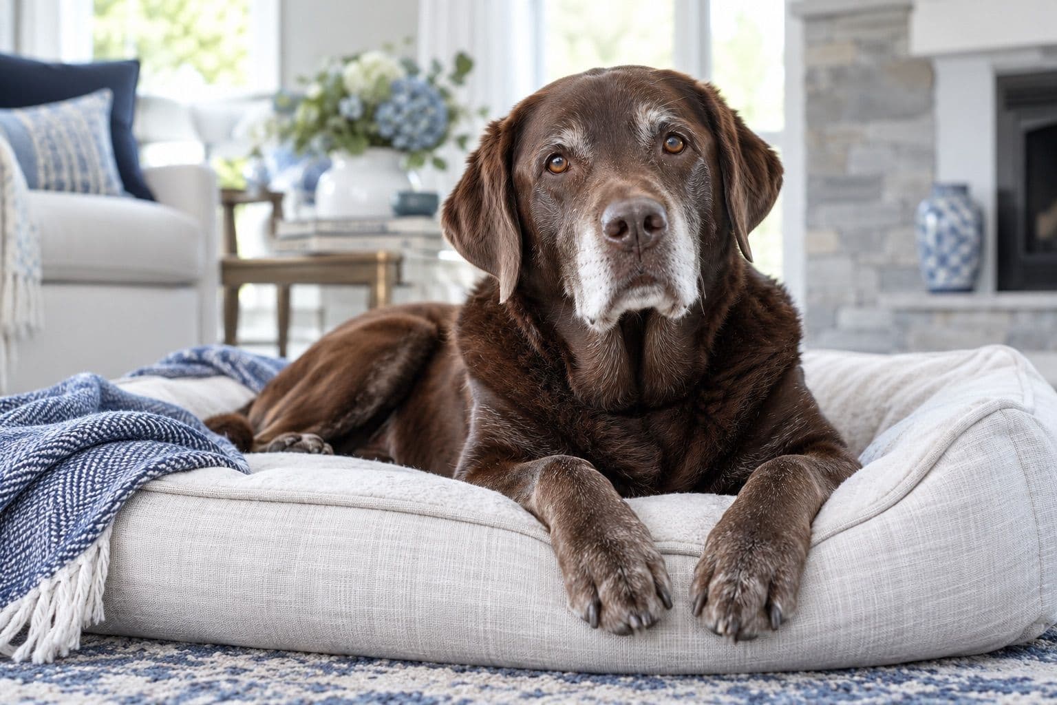 Older chocolate Labrador with a gray muzzle resting on a linen bed