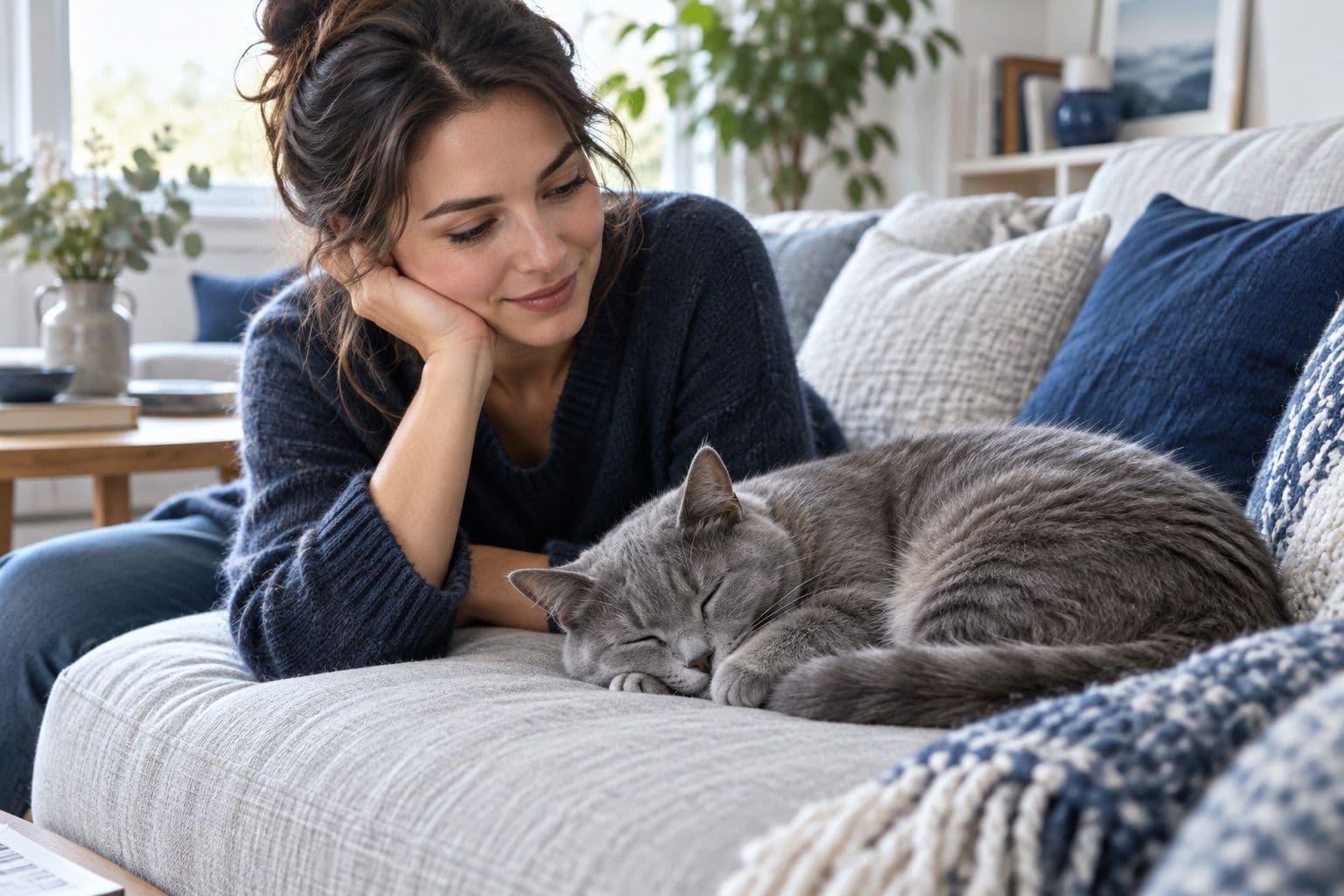 Owner observing a sleeping gray cat at home