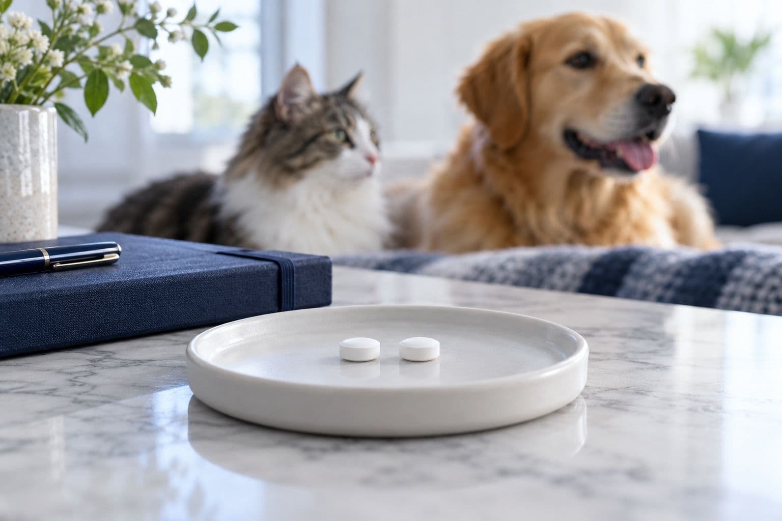 Two identical white tablets on a ceramic tray with pets blurred in the background