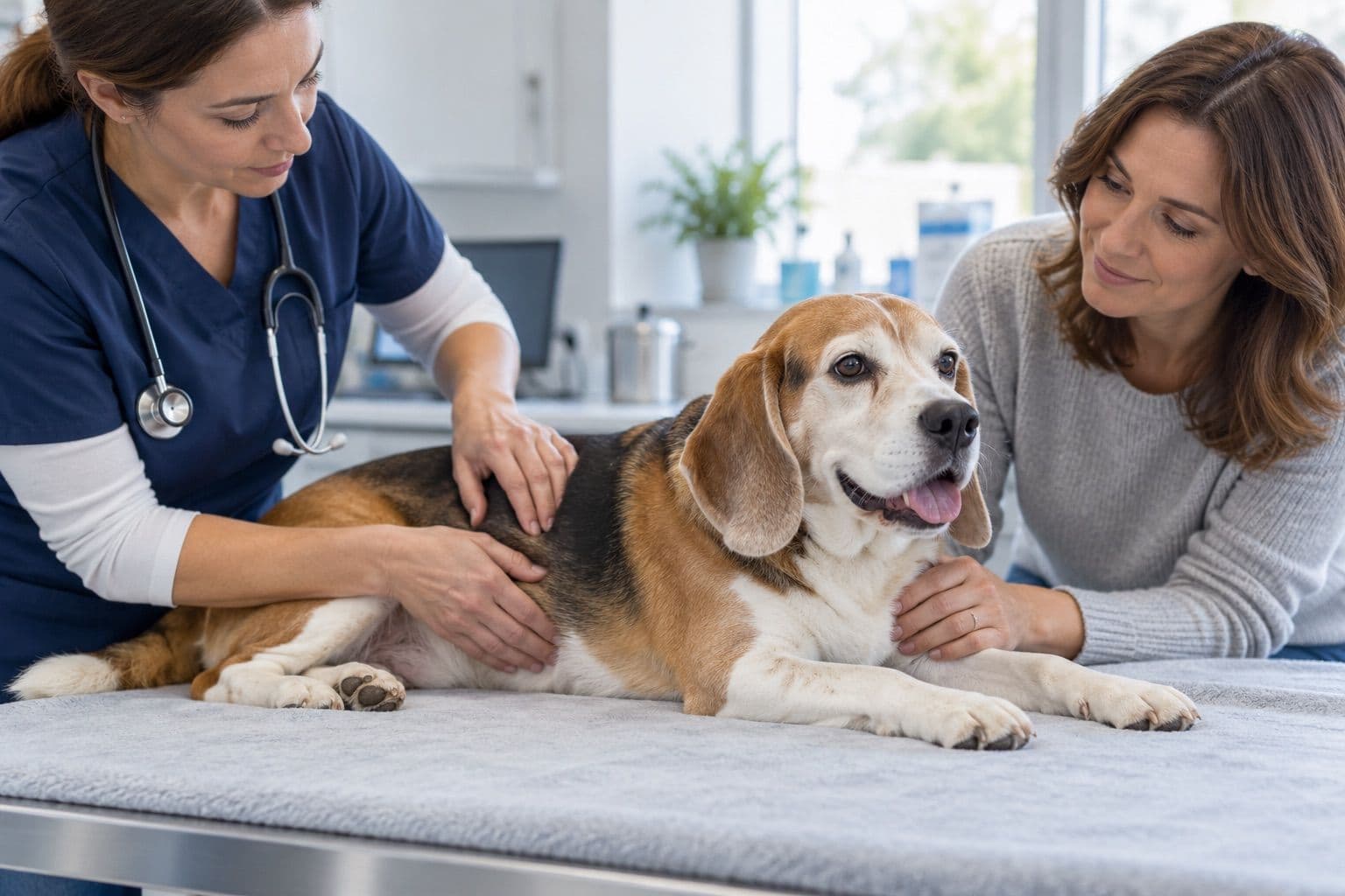 Veterinarian gently checking a senior beagle during a physical examination