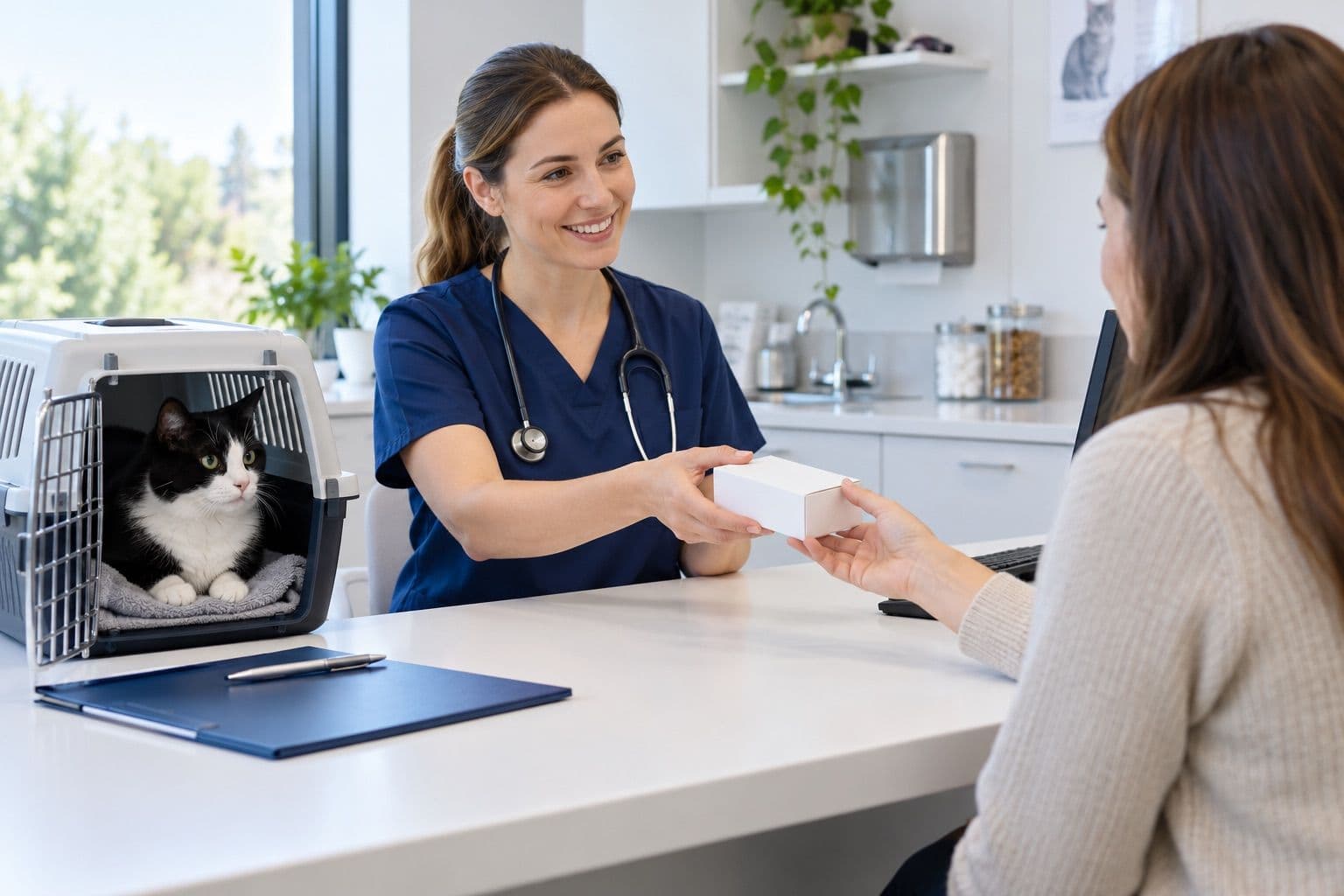 Veterinarian handing a medication package to a cat owner
