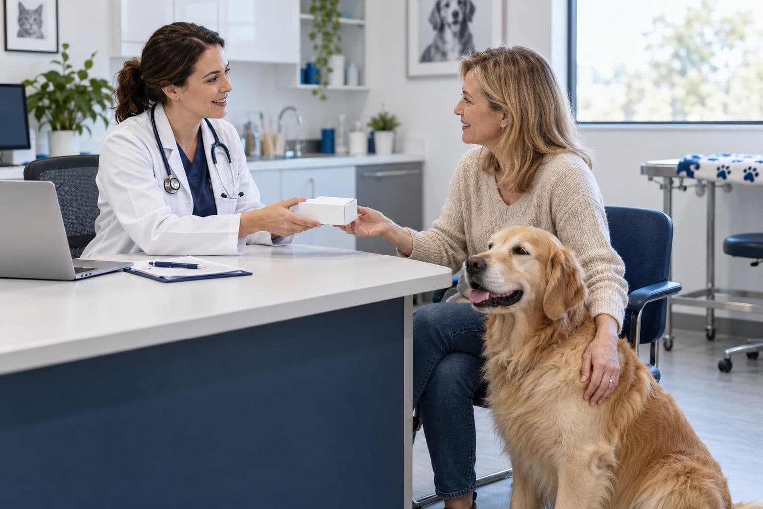 Veterinarian handing a medication package to an owner beside a golden retriever